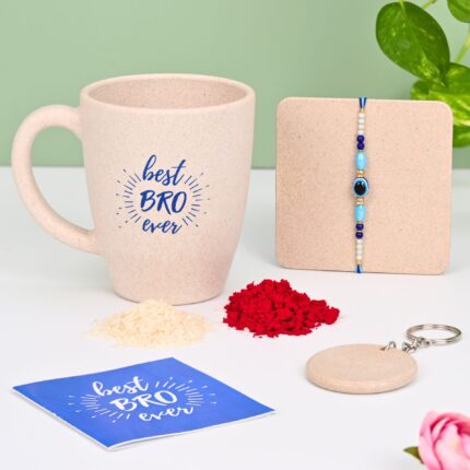 Eha Earth Friendly Rakhi Gift for brother with Printed Mug| 300 ml | Evil Eye Bracelet, Key Chain | Rakhi for Brother with Gift | Made with Rice Husk | Rakhi Set of 1 | Sand Castle