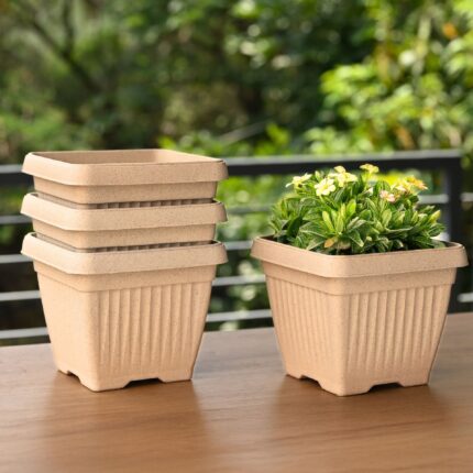 Earth-Friendly Planters Bella Square 8 Inch set of 4 | Bamboo Based Pots and Planters | UV Protected | Eco friendly planters for Indoor, Outdoor, Home Decor, Balcony & Garden