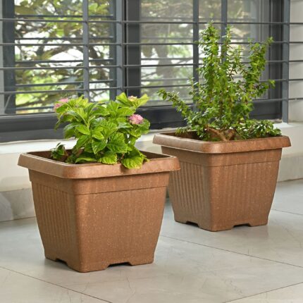 Earth-Friendly Planters Bella Square 14 Inch set of 2 | Bamboo Based Pots and Planters | UV Protected | Eco friendly planters for Indoor, Outdoor, Home Decor, Balcony & Garden