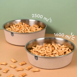 Earth Friendly Bella Pet Bowls | Set of 2 | 1600 ml + 2500 ml | Steel Bowl for Dog | Made with Rice Husk | Dog Bowl Large Size