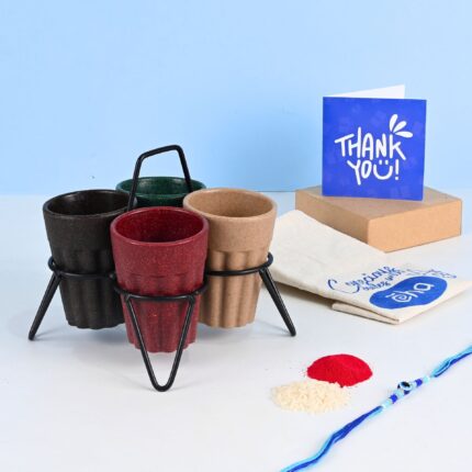 Earth-Friendly Rakhi Gift Chai Cups with Stand | Set of 4 | 100 ml | Rakhi Gifting Chai Cup Made with Rice Husk Biocomposite | Tea Set |Hot & Cold Coffee Mug, Milk & Tea Cup Set