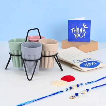 Earth-Friendly Cutting Chai with Stand Rakhi Gift | Set of 4 | 100 ml | Set for Bhaiya & Bhabhi | Chai Cup Made with Rice Husk | Raksha Bandhan Rakhi Thread with Roli Chawal