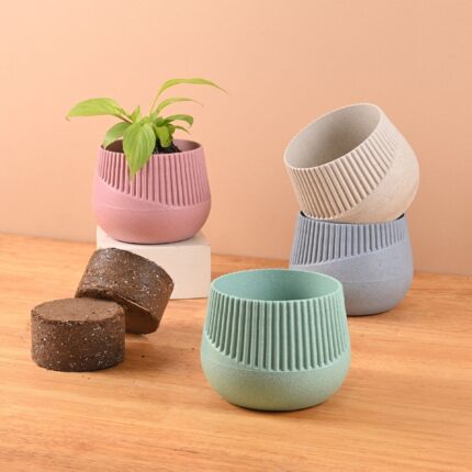 Earth Friendly Oreo 4 inch Small pots for Indoor Plants with 2 Growmix | Pack of 4 | Made with Bamboo Fibers | Table Top Planters for Home Decor and Office, Flower Pot for Living Room