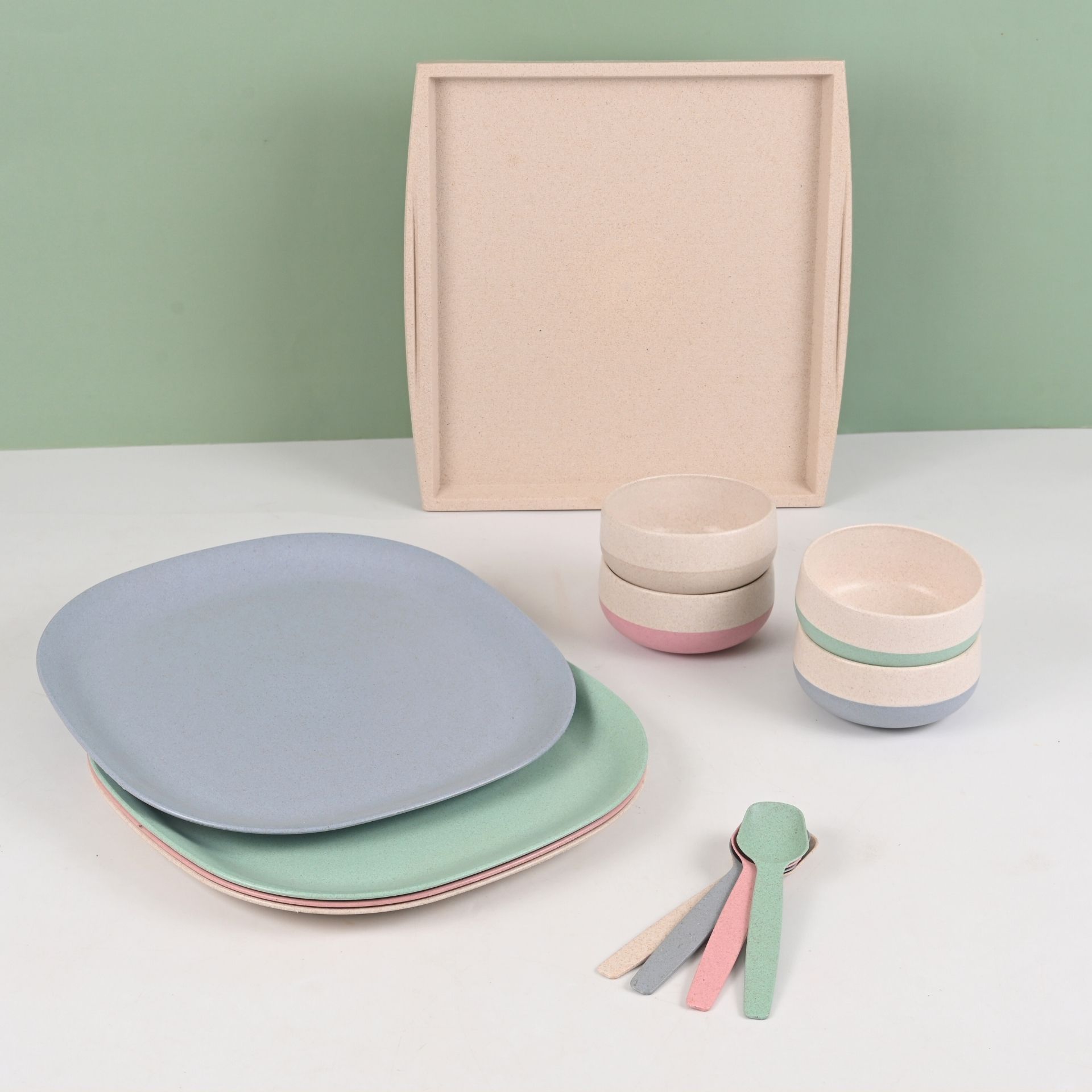117 Earth Friendly 11 Inch Dinner Plate & Soup Bowl with Spoon (250 ml) & One Square Tray | Set of 4 | Made with Bamboo Fibers & Rice Husk | Microwave Safe Bowl | Unbreakable Plates - Image 1