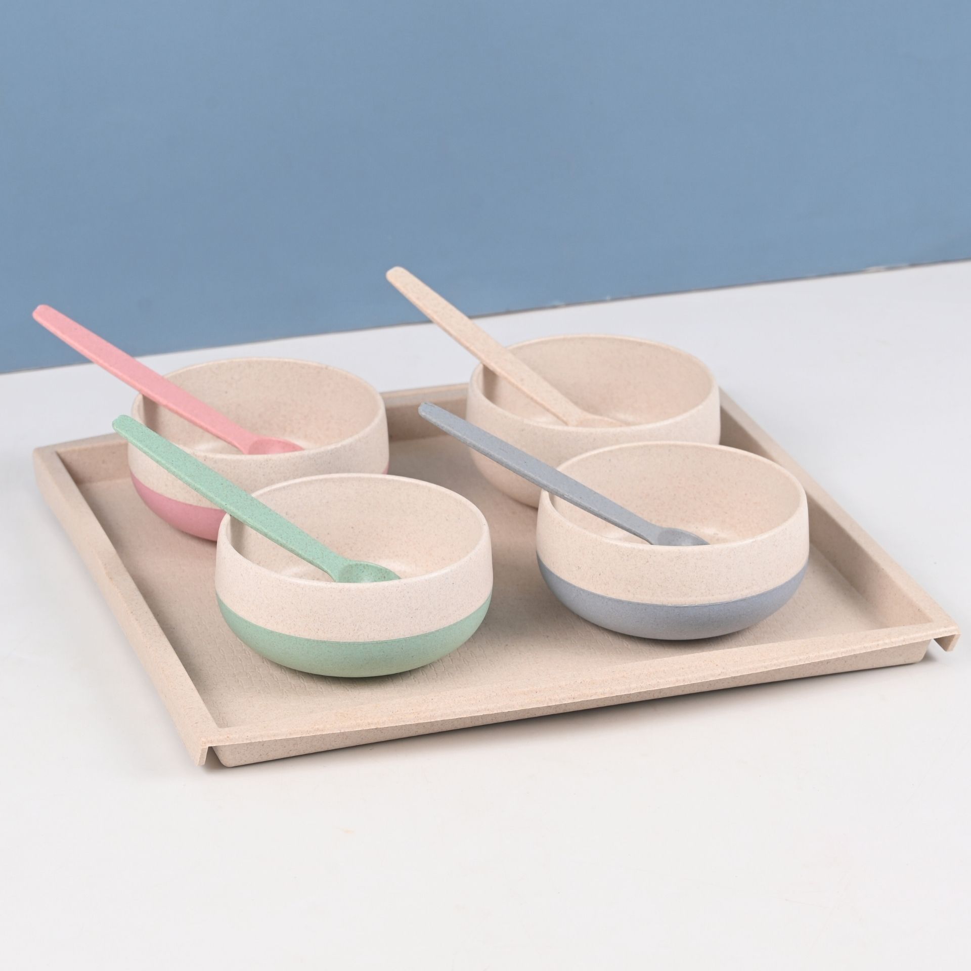 86 Earth Friendly Soup Bowl (250 ml) with Spoon and Square Tray | Set of 4 | Made with Bamboo Fibers & Rice Husk | Microwave Safe Bowl | Serving Bowl Set | Unbreakable Plates - Image 2