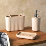 Earth Friendly Bathroom Accessories For Home | Pack of 3 (Soap Holder, Toothbrush Holder, Soap Dispenser set) | Liquid Soap Dispenser for Bathroom (250 ml) | Made with Rice Husk Bio composite