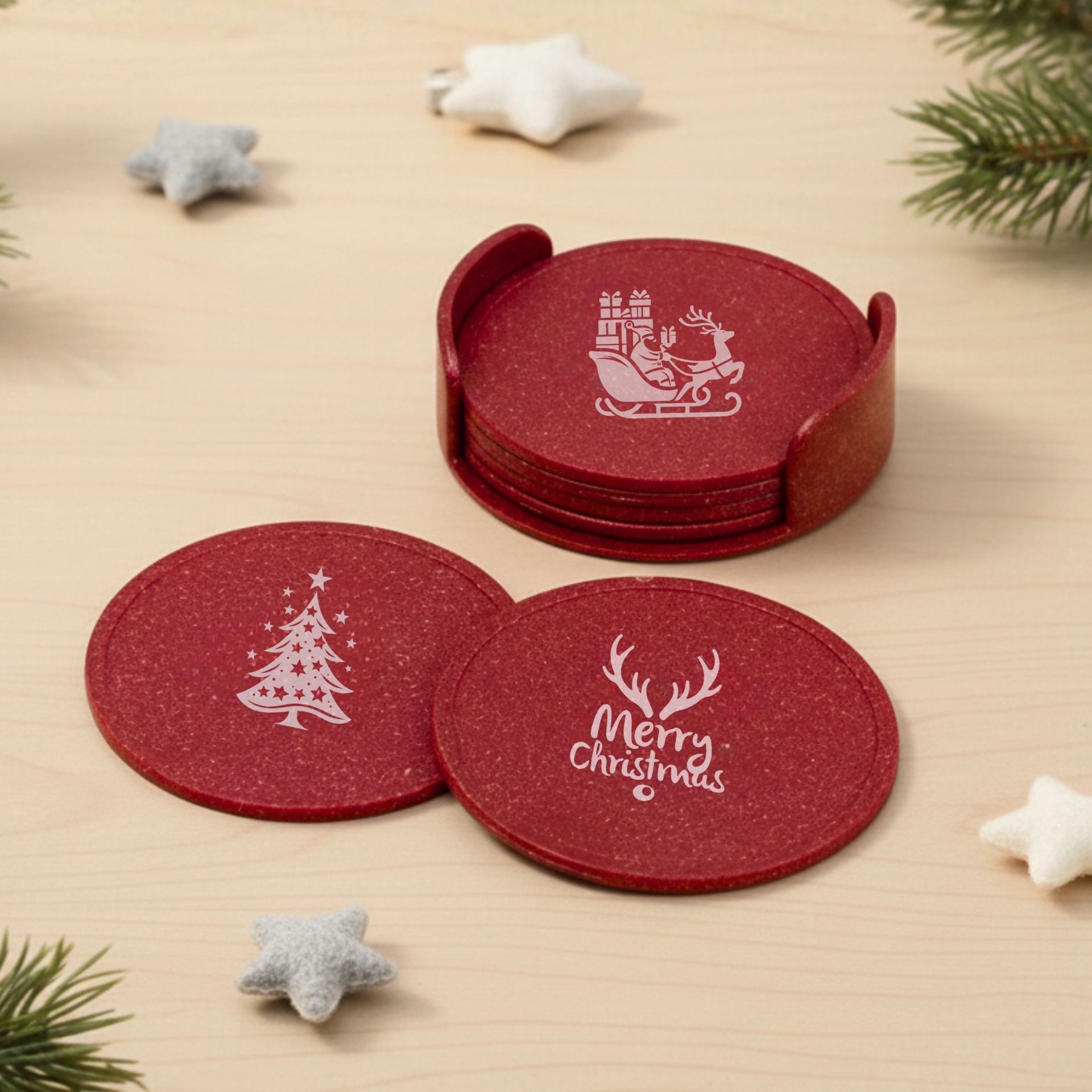 Xmas gift Coasters Earth Friendly Dockie Stand & Printed Coasters Set of 6 | Christmas Gifting | Coasters for Dining Table for Hot Pots | Made with Rice Husk Biocomposite | Must-have Christmas picks - Image 1
