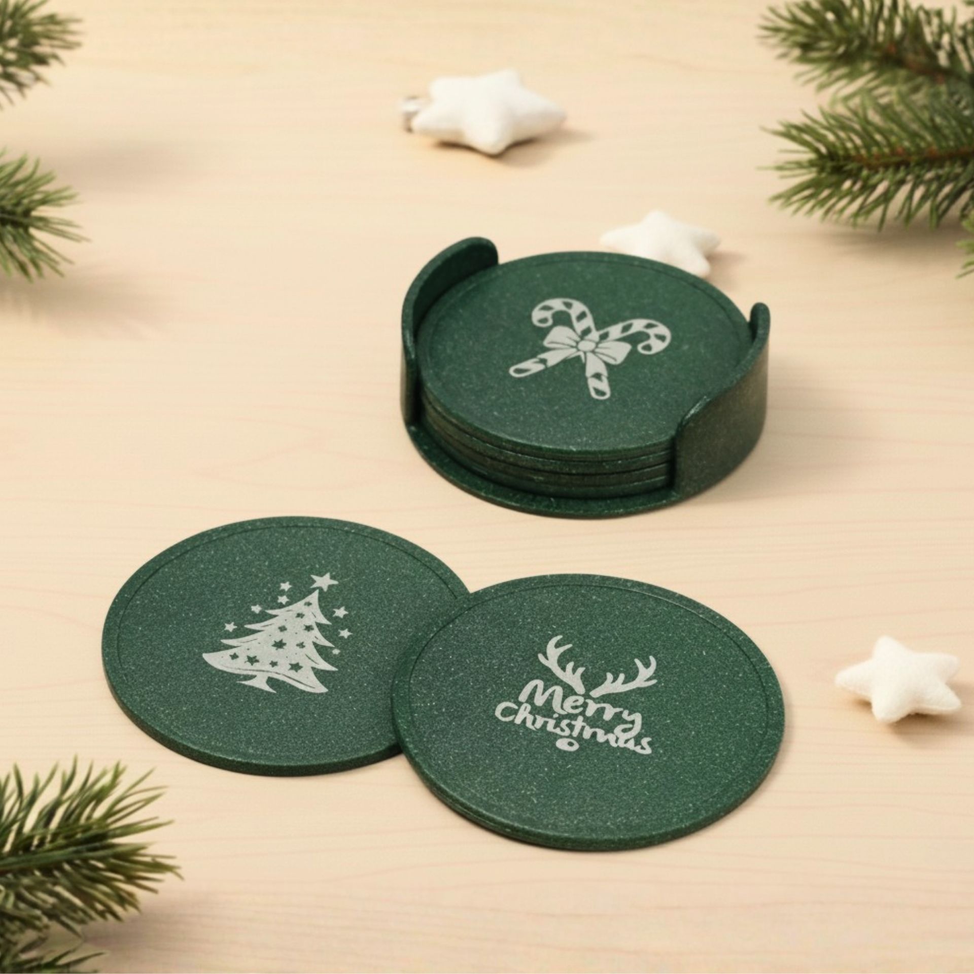 Xmas gift Coasters Earth Friendly Dockie Stand & Printed Coasters Set of 6 | Christmas Gifting | Coasters for Dining Table for Hot Pots | Made with Rice Husk Biocomposite | Must-have Christmas picks - Image 1