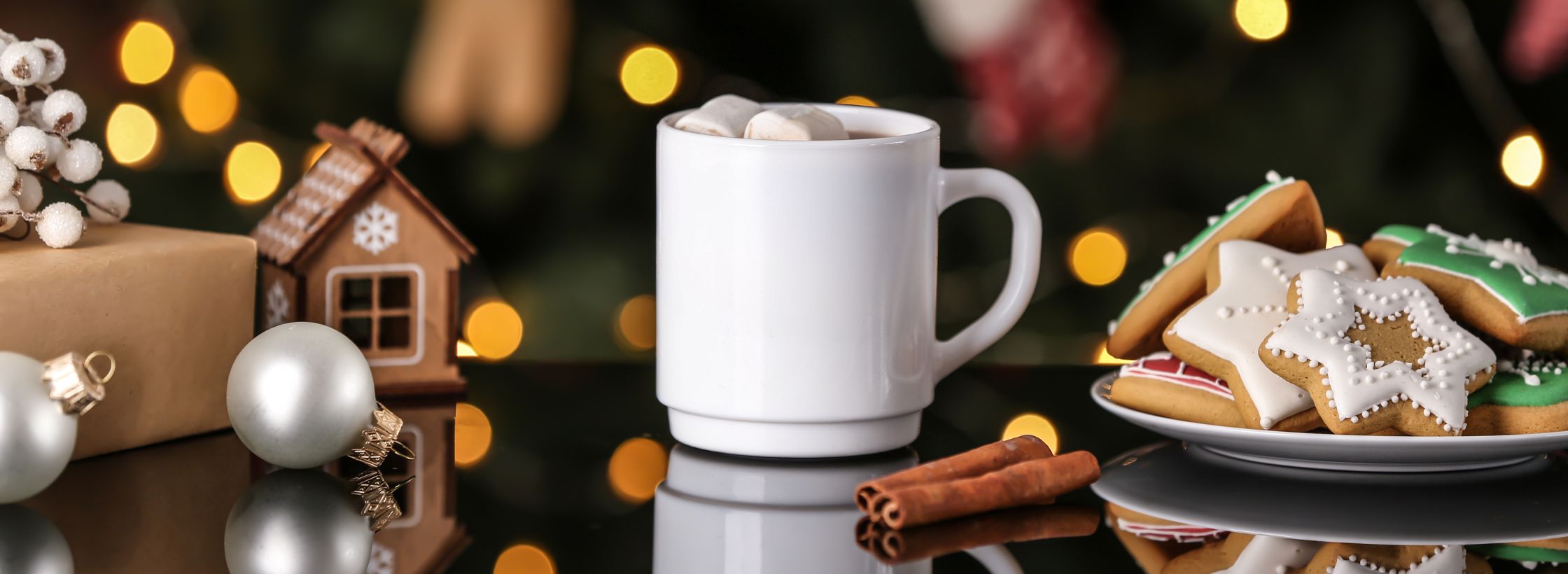 Christmas Vibes,Hot chocolate, Candies, Christmas lights